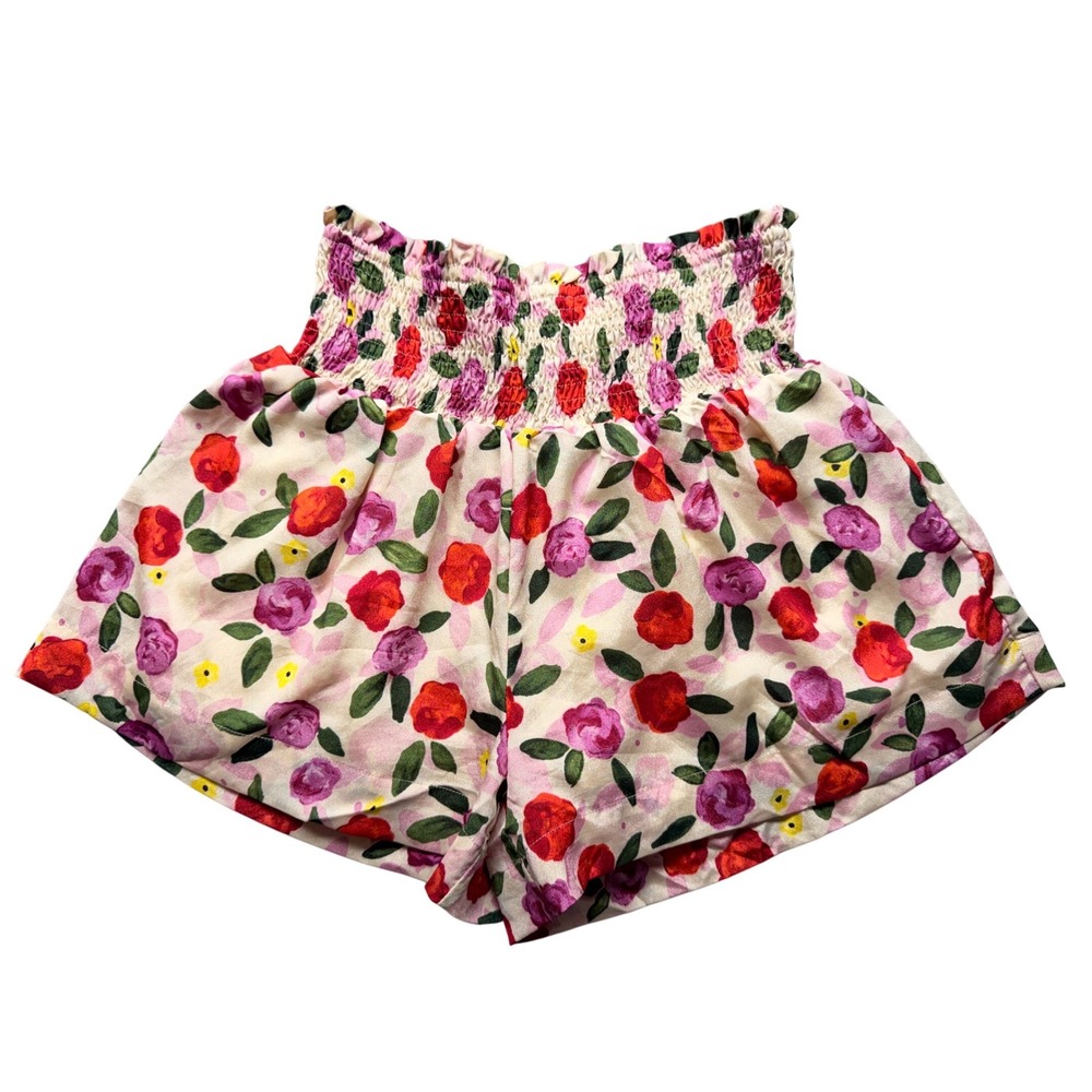 TLEC Women Floral Smocked High Waist Shorts Pink Red‎ Rose Print SZ S Boho Chic